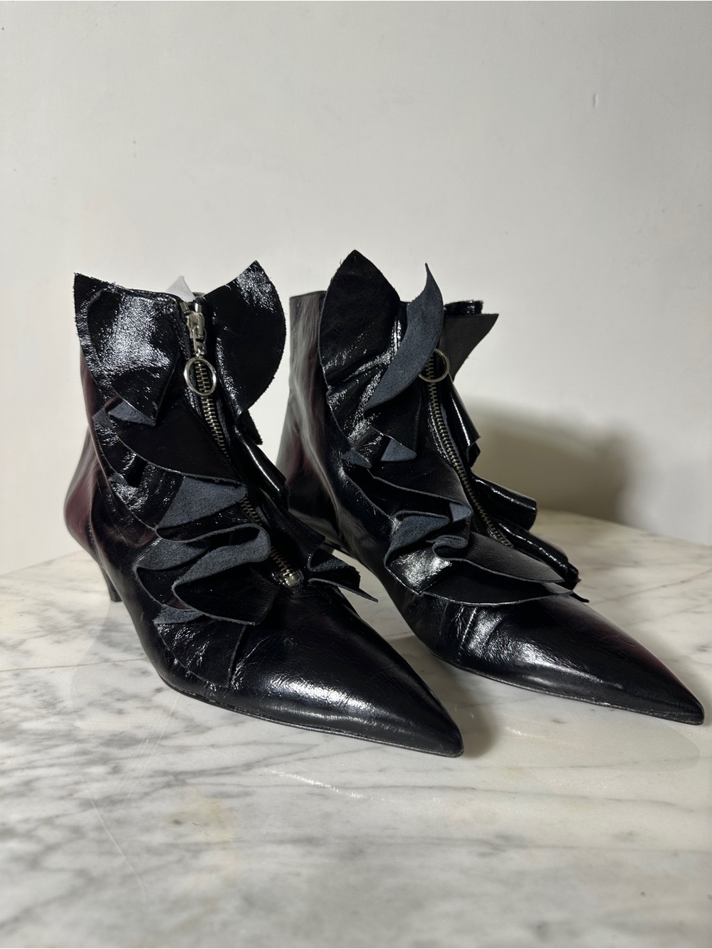 Women’s Black Pointed Leather Ankle Boots with Ruffle Detail Witch Witchcraft